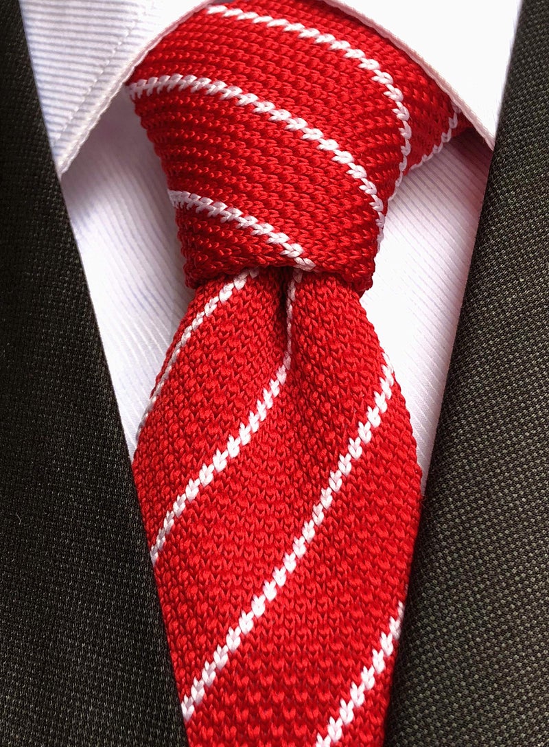 Elfeves Mens Casual Red White Woven Stripe Neck Ties Knit Formal Party Wedding Prom New Neckties Textured Distressed - Image 2